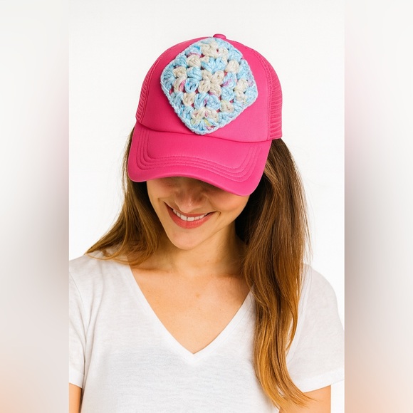 Handmade Accessories - Handmade Crochet Granny Square Trucker Hat Boho Festival One of A Kind